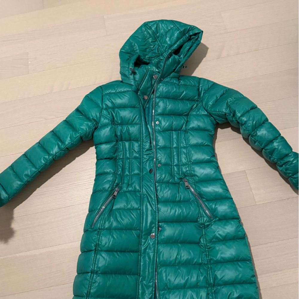 Guess Teal Green Long Puffer Coat with Hood